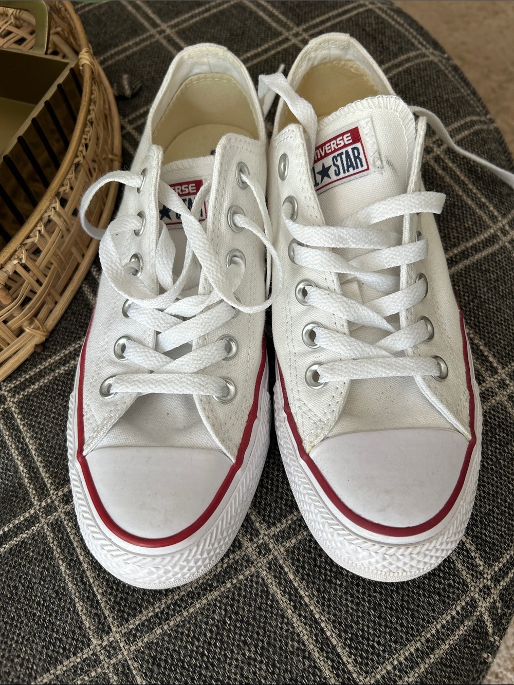 Converse Ladies White Canvas Low Top Sneakers with Red Trim